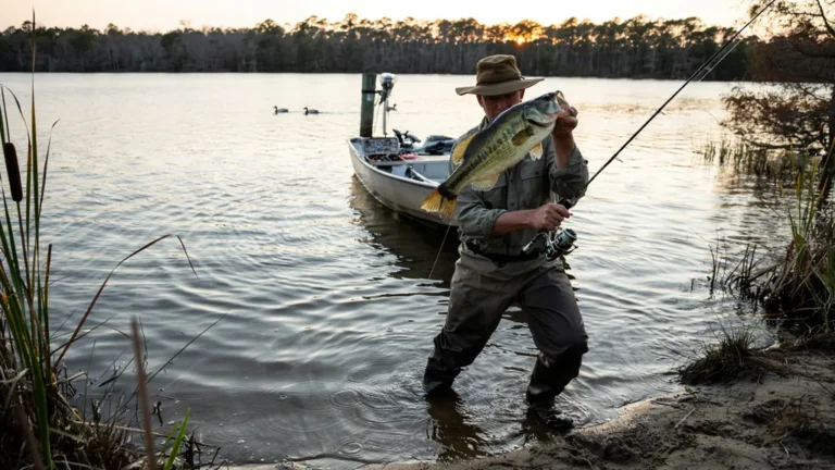 An angler holding a largemouth bass beside a calm lake