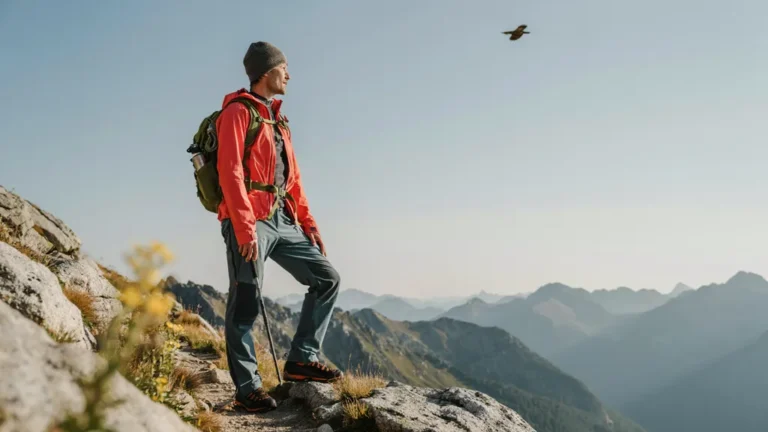 A hiker in layered outdoor clothing on a mountain trail