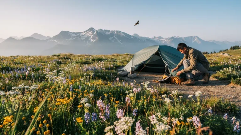 A minimal-impact wilderness campsite in a meadow, leave no trace