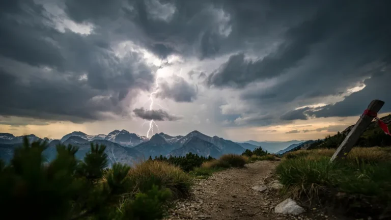 Lightning striking distant peaks over a mountain trail
