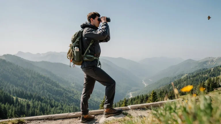A person looking through binoculars at a mountain overlook