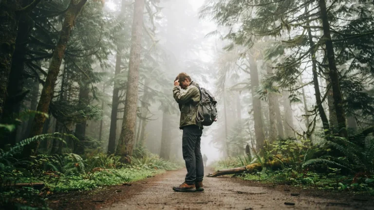 Hiker at an unmarked trail fork in a foggy forest
