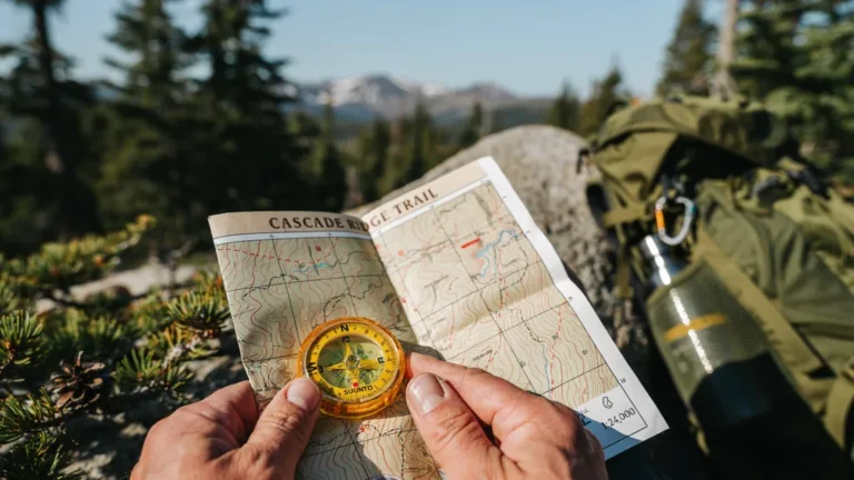 Hands holding a baseplate compass over a topographic trail map