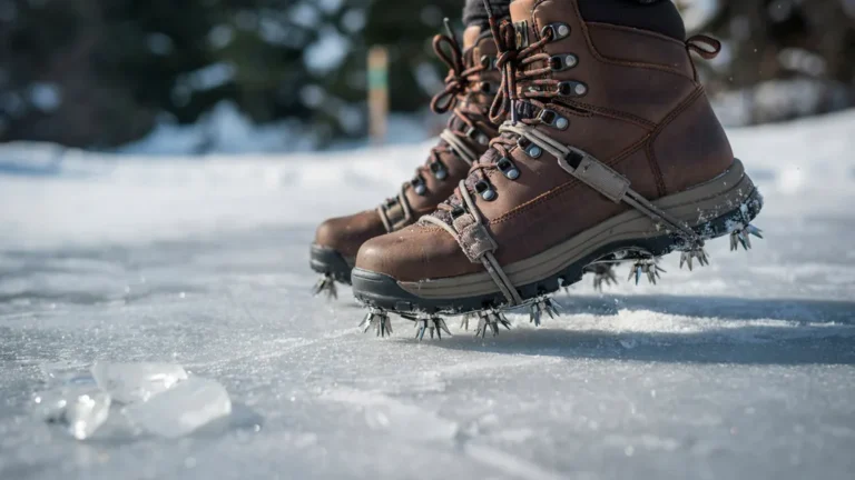 Hiking boots with microspikes gripping an icy winter trail