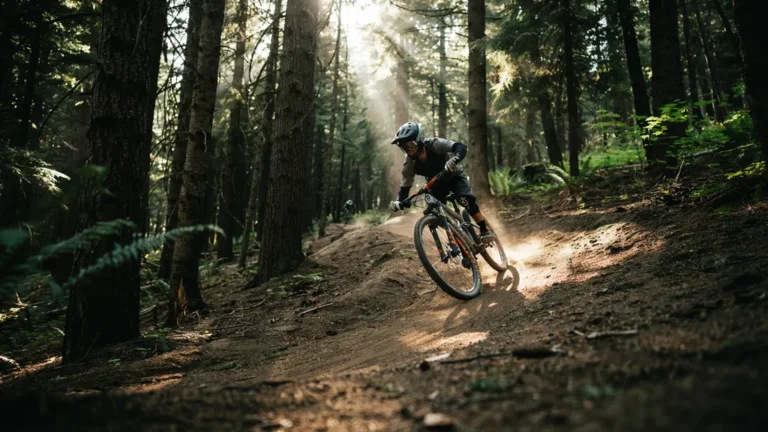 Mountain biker riding flowing singletrack through pine forest