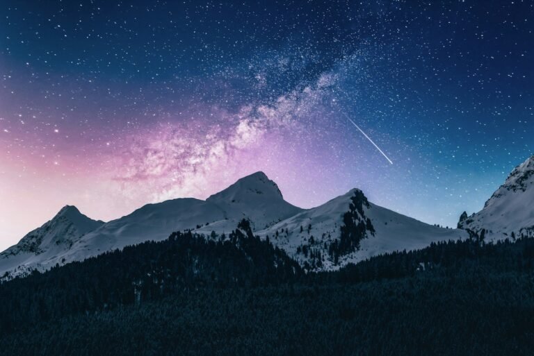 Starry night sky over snowy mountains
