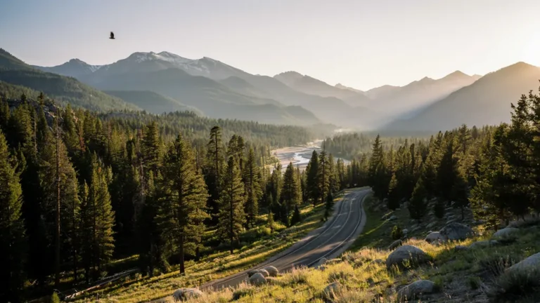 A sweeping national forest vista with pines and a river valley