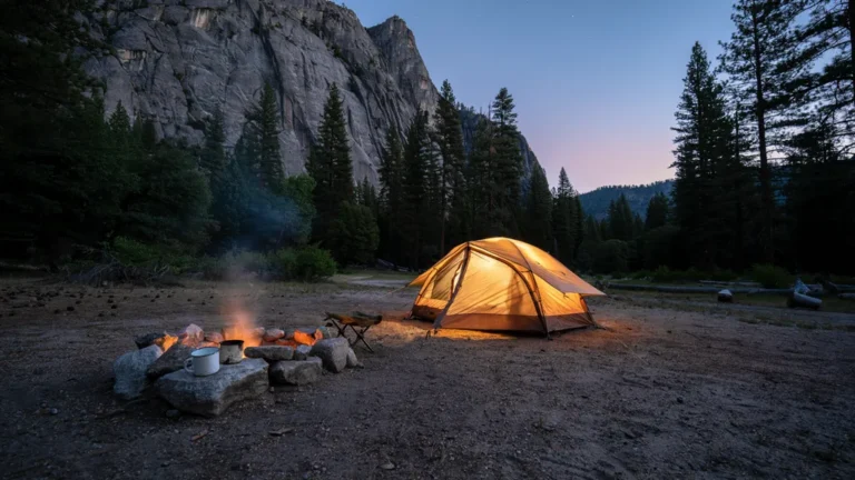 Tent glowing at dusk beneath granite cliffs in a national park campground