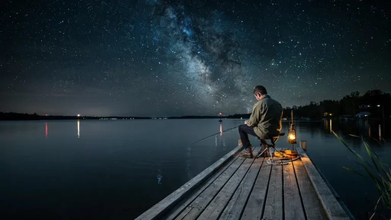 Angler night fishing from a wooden pier under a starry sky