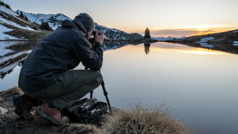 Photographer with tripod capturing golden hour over a mountain lake