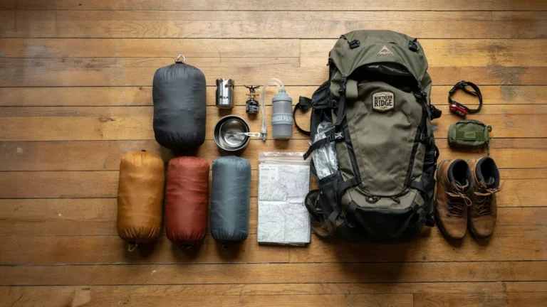 Backpacking gear organized beside an open backpack ready to pack