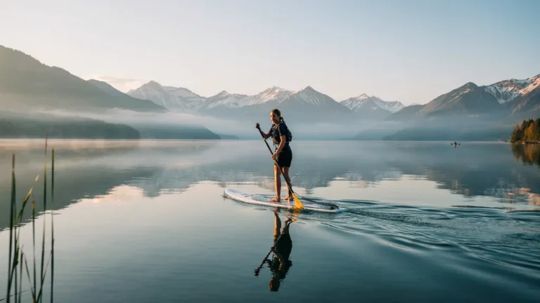 Person paddleboarding across a calm mountain lake at morning