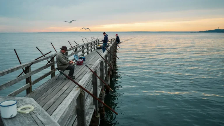 Anglers fishing off an ocean pier at golden hour
