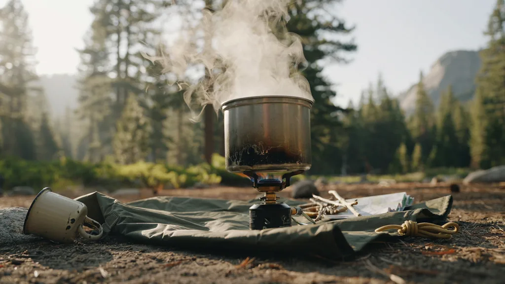 Boiling water in a pot to purify it while camping
