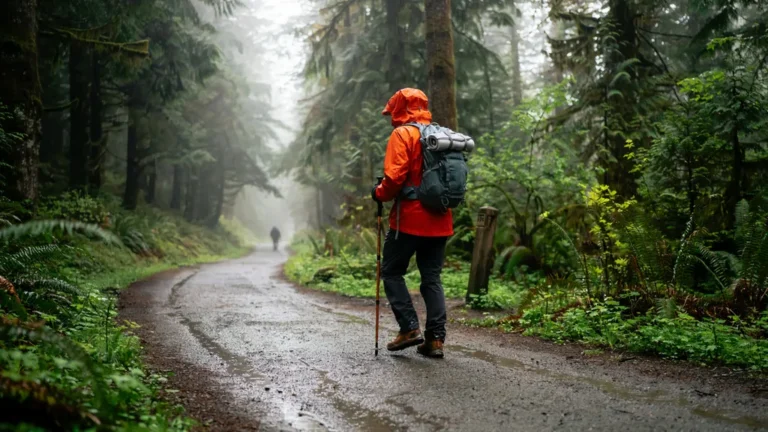 Hiker in a rain jacket on a misty trail in the rain