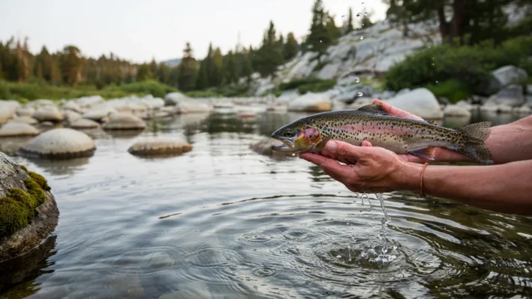 Rainbow trout being released into a clear mountain stream