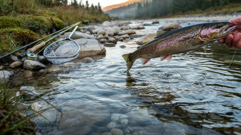 A rainbow trout held above a clear mountain stream