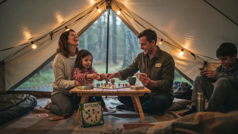 Family playing cards inside a lit tent while rain falls outside