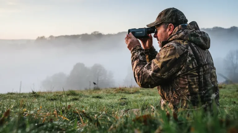 Hunter using a laser rangefinder at the edge of a field at dawn