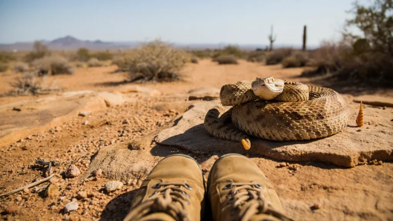 Coiled rattlesnake sunning on rocks beside a desert trail