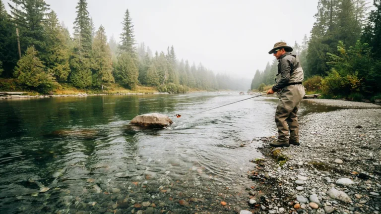 River showing riffles, pool, and current seam with angler reading the water