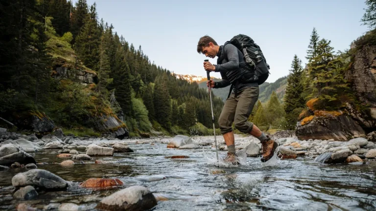 Backpacker crossing a rocky mountain river with a trekking pole