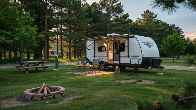 Travel trailer RV set up at a grassy campground site with picnic table and fire ring
