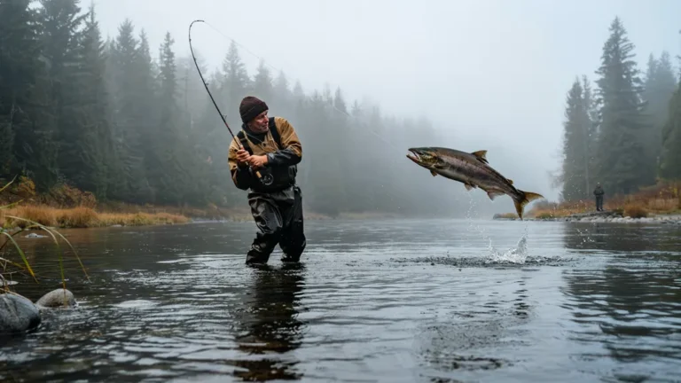 Angler in waders fighting a leaping salmon in a misty river