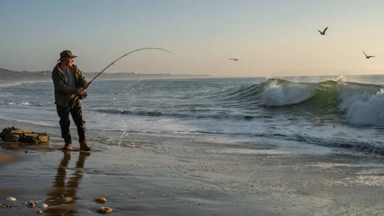 An angler surfcasting into ocean waves from a beach at golden hour