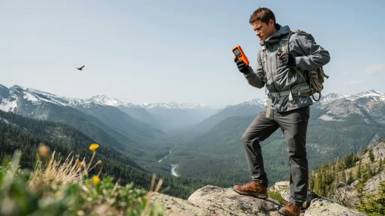 Hiker holding a satellite GPS messenger on a remote mountain ridge