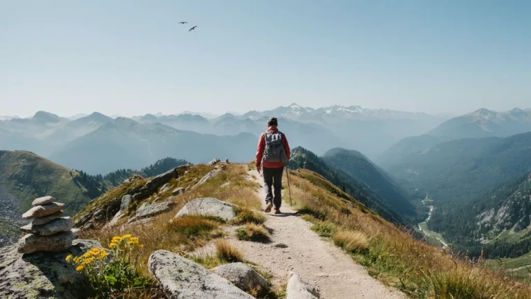 A scenic mountain hiking trail winding along a ridge with a hiker