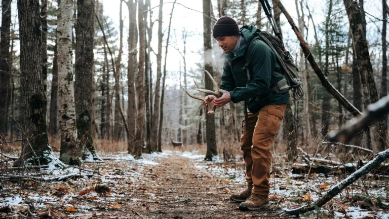 Hiker holding a found deer antler shed in late-winter woods