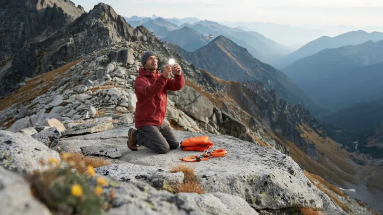 Hiker signaling with a mirror on a mountain ridge