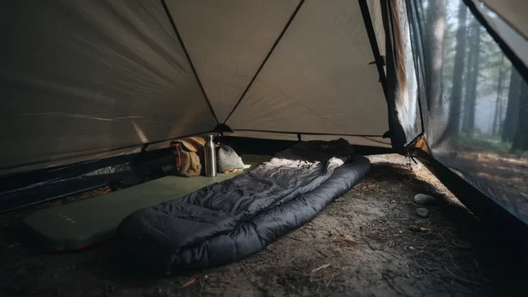 A cozy sleeping bag laid open inside a backpacking tent at morning