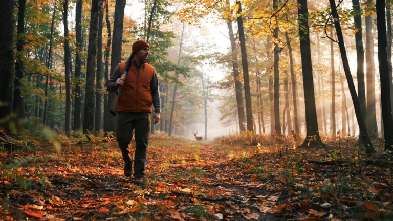 A hunter in blaze orange walking through an autumn forest