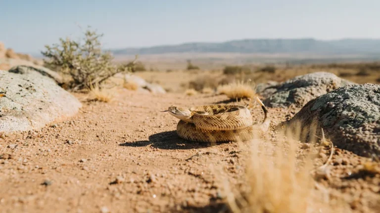 Rattlesnake coiled on a desert trail