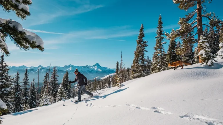 Person snowshoeing on a snowy mountain forest trail