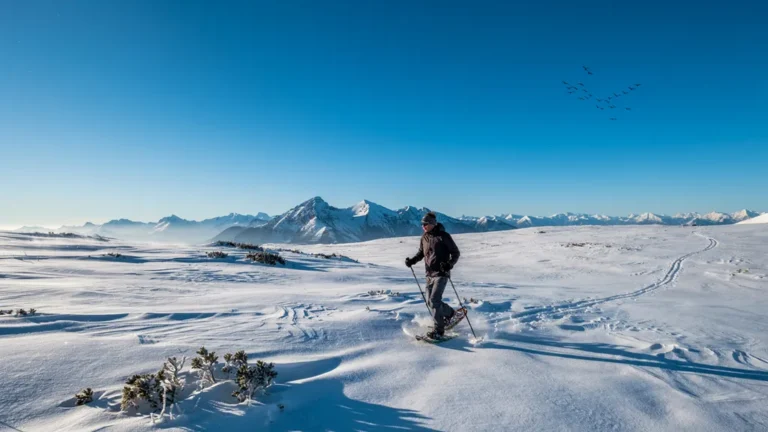 A person snowshoeing across a snowy meadow with mountains