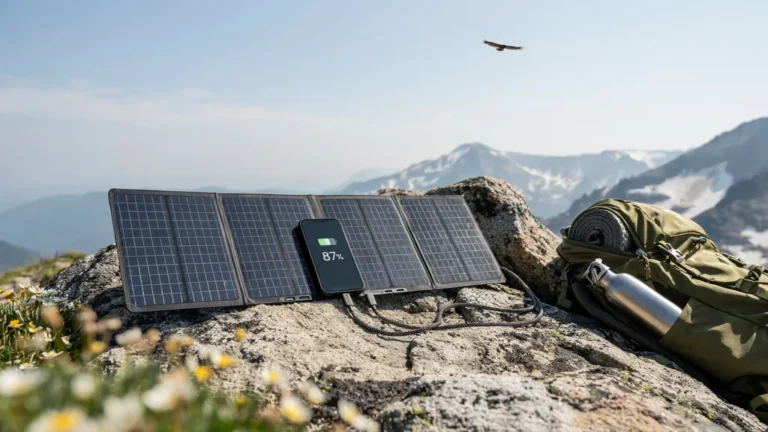 Foldable solar panel charging a phone at a mountain campsite