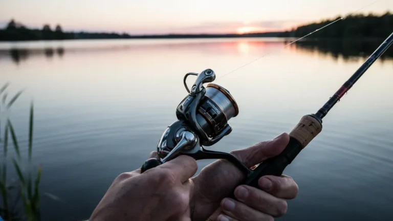 Spinning reel on a rod held over lake water at sunrise