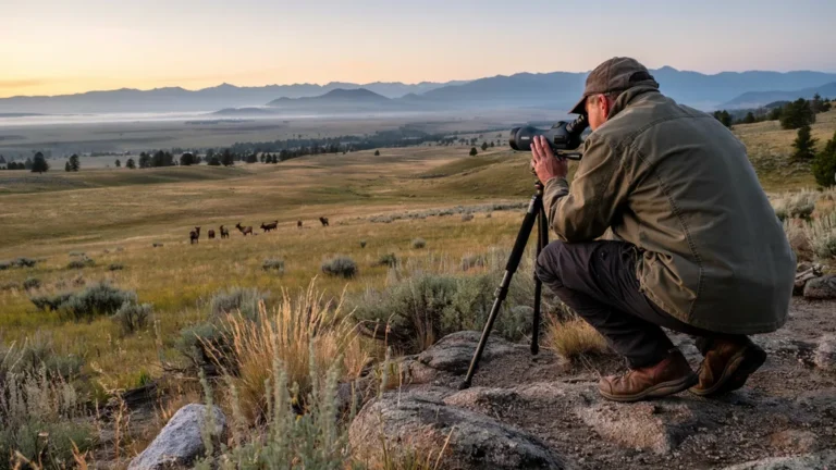 Spotting scope on a tripod overlooking a valley at dawn