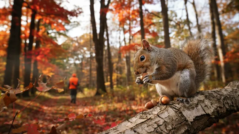 Gray squirrel on an oak branch in autumn hardwoods