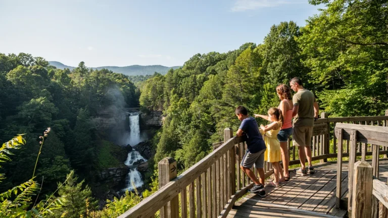 Wooden overlook platform above a forested gorge in a state park