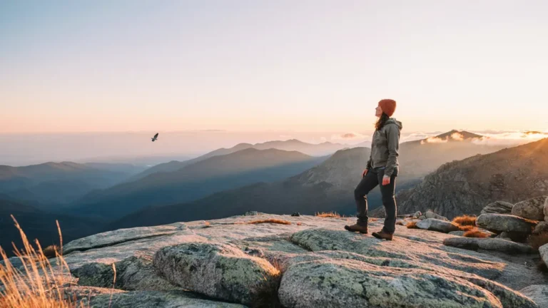 A hiker on a rocky mountain summit at sunrise