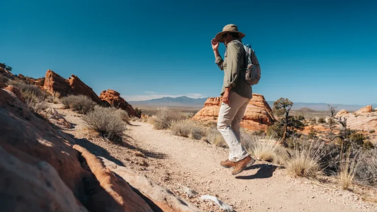 Hiker in sun hat and UPF shirt on a sunny desert ridge