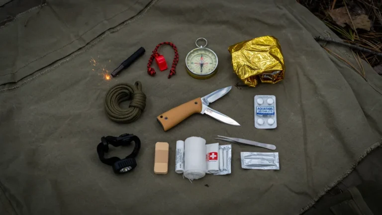 Wilderness survival kit contents laid out on canvas