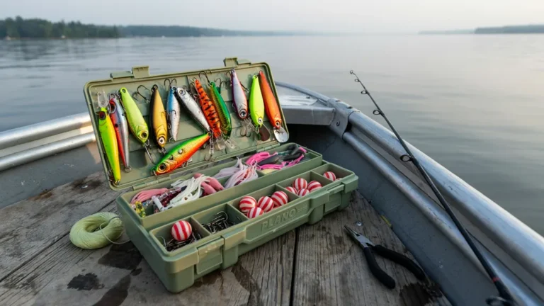 Open organized tackle box with lure trays on a boat deck