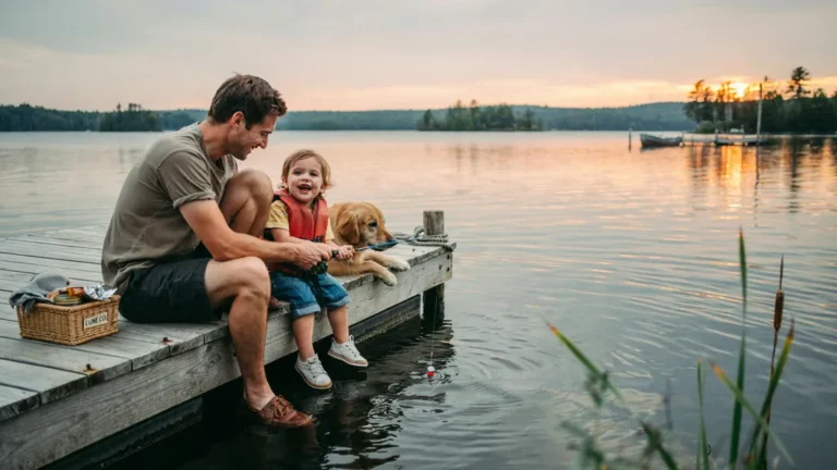 Parent teaching a young child to fish from a lake dock at sunset