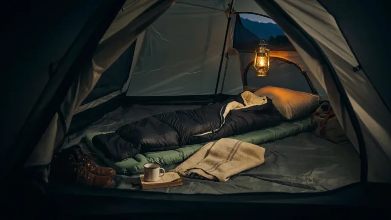 A comfortable camping sleep setup inside a tent with lantern glow