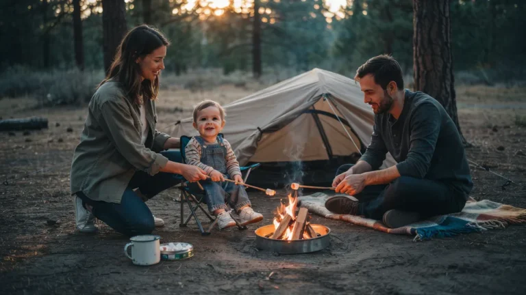Toddler in a tiny camp chair with parents at a family campsite